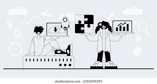 A team that specializes in SEO . trendy exemplar in a analogue manner. Trendy style, Vector Illustration