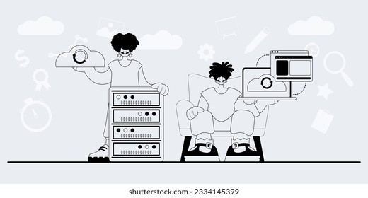 A team that specializes in SEO . trendy exemplar in a analogue manner. Trendy style, Vector Illustration