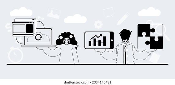 A team that specializes in SEO . trendy example in a linear style. Trendy style, Vector Illustration