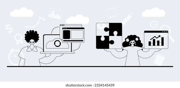 A team that specializes in SEO . trendy exemplar in a linear manner. Trendy style, Vector Illustration
