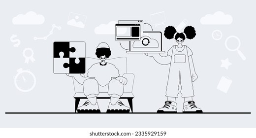Ein Team, das sich auf SEO spezialisiert hat. angesagtes Exemplar auf analoge Weise. Trendy Style, Vektorgrafik