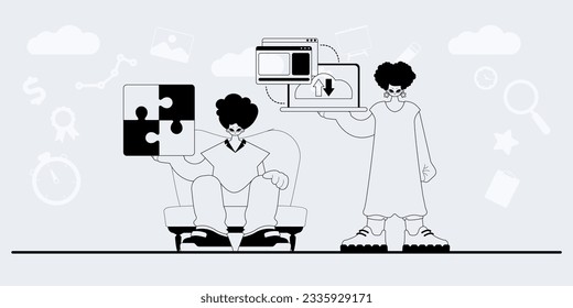 A team that specializes in SEO . trendy exemplar in a analogue manner. Trendy style, Vector Illustration