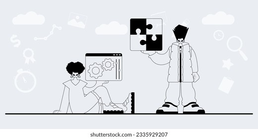 Ein Team, das sich auf SEO spezialisiert hat. angesagtes Exemplar auf analoge Weise. Trendy Style, Vektorgrafik