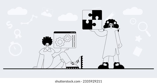 A team that specializes in SEO . trendy exemplar in a analogue manner. Trendy style, Vector Illustration