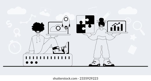 A team that specializes in SEO . trendy exemplar in a analogue manner. Trendy style, Vector Illustration
