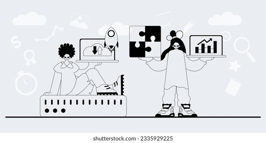 A team that specializes in SEO . trendy exemplar in a analogue manner. Trendy style, Vector Illustration