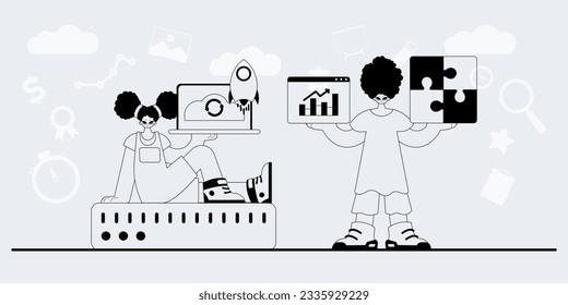 A team that specializes in SEO . trendy exemplar in a analogue manner. Trendy style, Vector Illustration