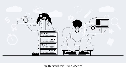 A team that specializes in SEO . trendy exemplar in a analogue manner. Trendy style, Vector Illustration