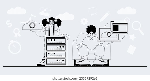 A team that specializes in SEO . trendy exemplar in a analogue manner. Trendy style, Vector Illustration