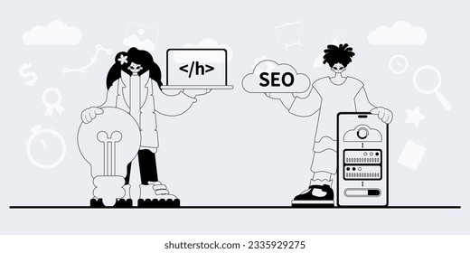 A team that specializes in SEO . trendy exemplar in a analogue manner. Trendy style, Vector Illustration