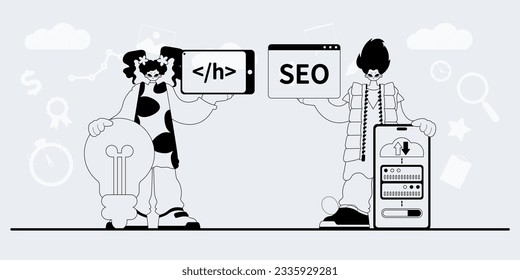 Ein Team, das sich auf SEO spezialisiert hat. angesagtes Exemplar auf analoge Weise. Trendy Style, Vektorgrafik