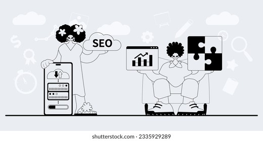 A team that specializes in SEO . trendy exemplar in a analogue manner. Trendy style, Vector Illustration