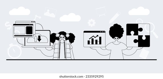 A team that specializes in SEO . trendy exemplar in a analogue manner. Trendy style, Vector Illustration