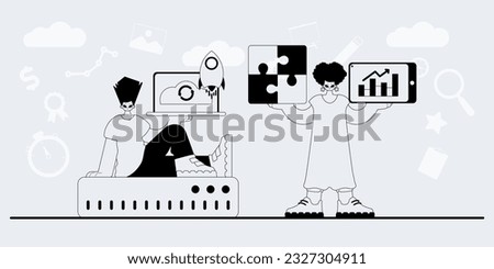 A team that specializes in SEO . trendy exemplar in a analogue manner. Trendy style, Vector Illustration