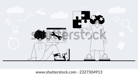 A team that specializes in SEO . trendy exemplar in a analogue manner. Trendy style, Vector Illustration
