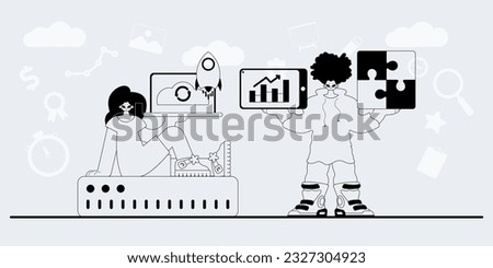 A team that specializes in SEO . trendy exemplar in a analogue manner. Trendy style, Vector Illustration