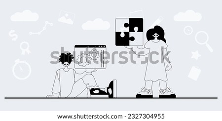 A team that specializes in SEO . trendy exemplar in a analogue manner. Trendy style, Vector Illustration