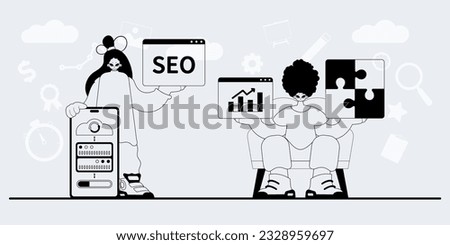A team that specializes in SEO . trendy exemplar in a analogue manner. Trendy style, Vector Illustration