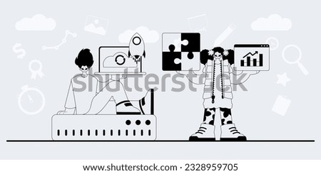 A team that specializes in SEO . trendy exemplar in a analogue manner. Trendy style, Vector Illustration