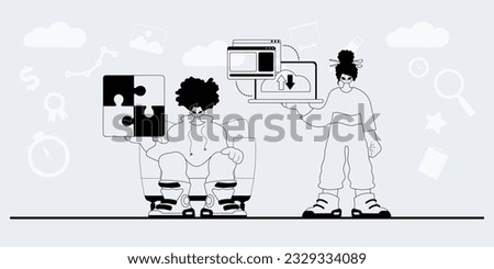 A team that specializes in SEO . trendy exemplar in a analogue manner. Trendy style, Vector Illustration