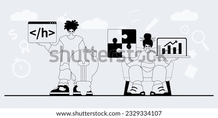 A team that specializes in SEO . trendy exemplar in a analogue manner. Trendy style, Vector Illustration