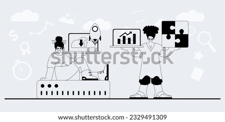 A team that specializes in SEO . trendy exemplar in a analogue manner. Trendy style, Vector Illustration
