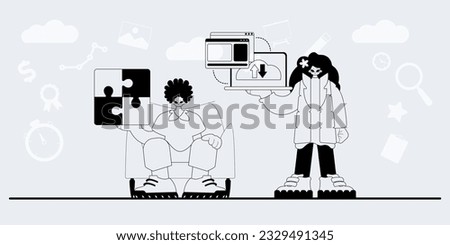 A team that specializes in SEO . trendy exemplar in a analogue manner. Trendy style, Vector Illustration