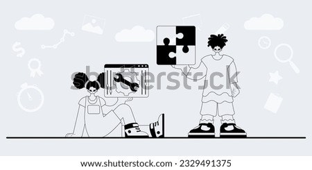 A team that specializes in SEO . trendy exemplar in a analogue manner. Trendy style, Vector Illustration