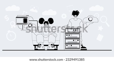 A team that specializes in SEO . trendy exemplar in a analogue manner. Trendy style, Vector Illustration