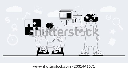 A team that specializes in SEO . trendy exemplar in a analogue manner. Trendy style, Vector Illustration