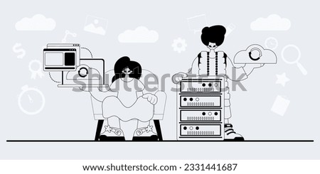 A team that specializes in SEO . trendy exemplar in a analogue manner. Trendy style, Vector Illustration