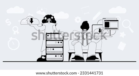 A team that specializes in SEO . trendy exemplar in a analogue manner. Trendy style, Vector Illustration
