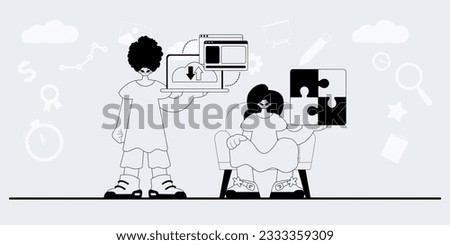 A team that specializes in SEO . trendy exemplar in a analogue manner. Trendy style, Vector Illustration
