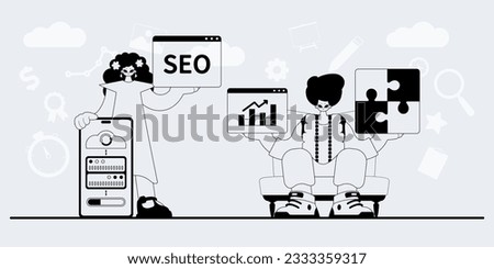 A team that specializes in SEO . trendy exemplar in a analogue manner. Trendy style, Vector Illustration