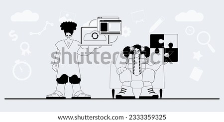A team that specializes in SEO . trendy exemplar in a analogue manner. Trendy style, Vector Illustration
