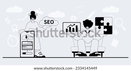 A team that specializes in SEO . trendy exemplar in a analogue manner. Trendy style, Vector Illustration