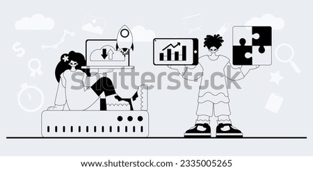 A team that specializes in SEO . trendy exemplar in a analogue manner. Trendy style, Vector Illustration