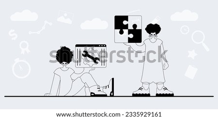 A team that specializes in SEO . trendy exemplar in a analogue manner. Trendy style, Vector Illustration