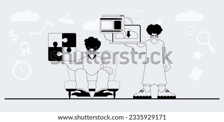 A team that specializes in SEO . trendy exemplar in a analogue manner. Trendy style, Vector Illustration