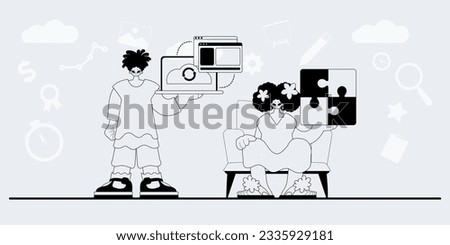 A team that specializes in SEO . trendy exemplar in a analogue manner. Trendy style, Vector Illustration
