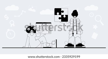 A team that specializes in SEO . trendy exemplar in a analogue manner. Trendy style, Vector Illustration