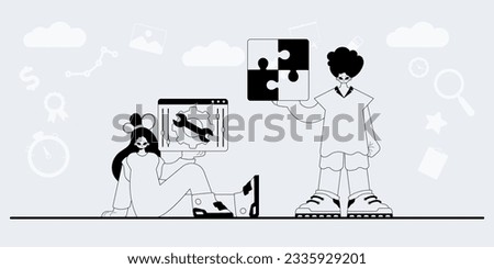 A team that specializes in SEO . trendy exemplar in a analogue manner. Trendy style, Vector Illustration