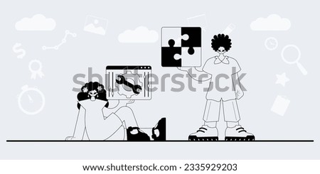 A team that specializes in SEO . trendy exemplar in a analogue manner. Trendy style, Vector Illustration