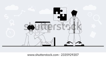 A team that specializes in SEO . trendy exemplar in a analogue manner. Trendy style, Vector Illustration