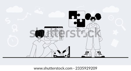 A team that specializes in SEO . trendy exemplar in a analogue manner. Trendy style, Vector Illustration
