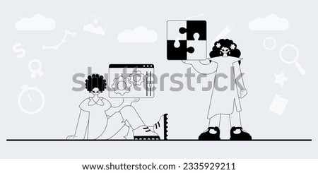 A team that specializes in SEO . trendy exemplar in a analogue manner. Trendy style, Vector Illustration