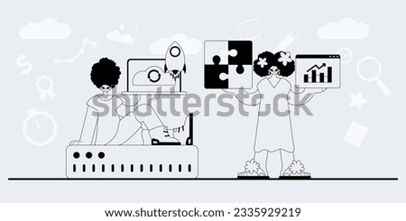 A team that specializes in SEO . trendy exemplar in a analogue manner. Trendy style, Vector Illustration