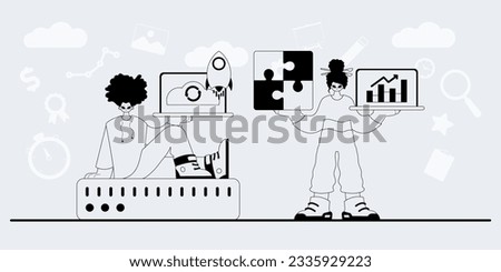 A team that specializes in SEO . trendy exemplar in a analogue manner. Trendy style, Vector Illustration