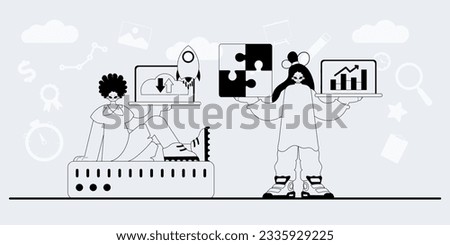 A team that specializes in SEO . trendy exemplar in a analogue manner. Trendy style, Vector Illustration