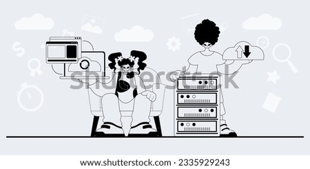 A team that specializes in SEO . trendy exemplar in a analogue manner. Trendy style, Vector Illustration